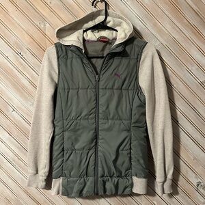 Puma Two Tone Grey Puffer Vest Ling Sleeve Demi Jacket Lightweight Purple Logo